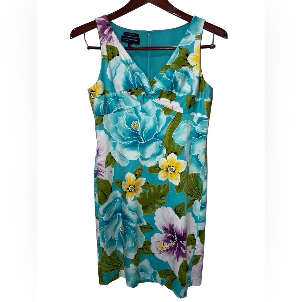 Jones New York Floral Sheath Dress Size 4 Turquoise Tropical Print Sleeveless - Picture 1 of 7